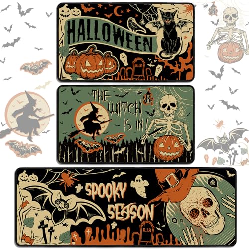 Drydiet 3 Pcs Gothic Kitchen Rugs and Mats Set Vintage Gothic Spooky Pumpkin Non Slip Rug Retro Skeleton Witch Bat Waterproof Floor Mat for Halloween Kitchen Bar Office Home Bathroom Door Party Decor