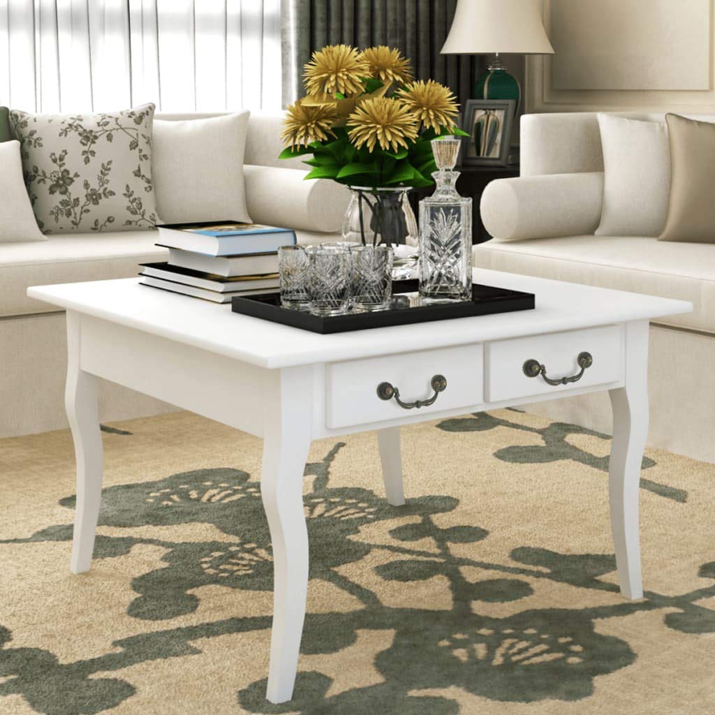 Table basse 4 tiroirs gain de place blanche en pin massif pour optimiser le salon