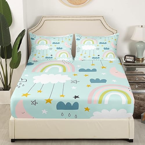 Miniatura 3 de Juego de ropa de cama Kawaii para niñas y niños, tamaño individual, diseño de arco iris, luna, estrellas, sábana bajera ajustable con diseño de