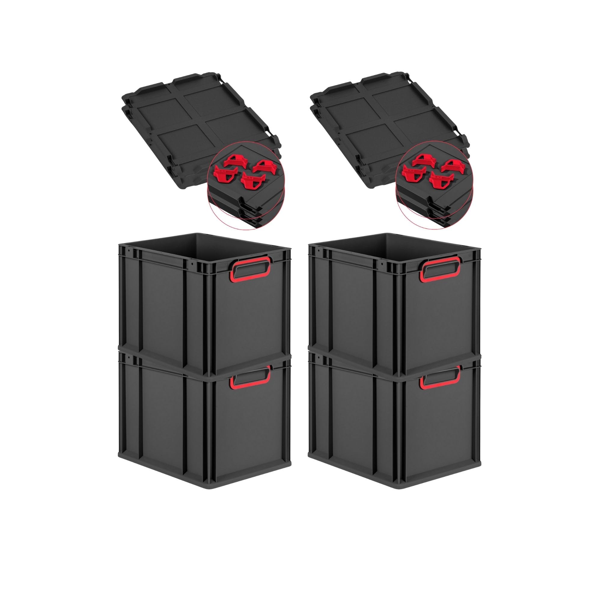 PROREGAL SuperSparSet 4x Eurobox NextGen Color mit Auflagedeckel & Schiebeschnappverschlüsse, HxBxT 32x30x40cm, 30L, Schwarz, Griffe rot geschlossen, Eurobehälter, Transportbox, Transportbehälter