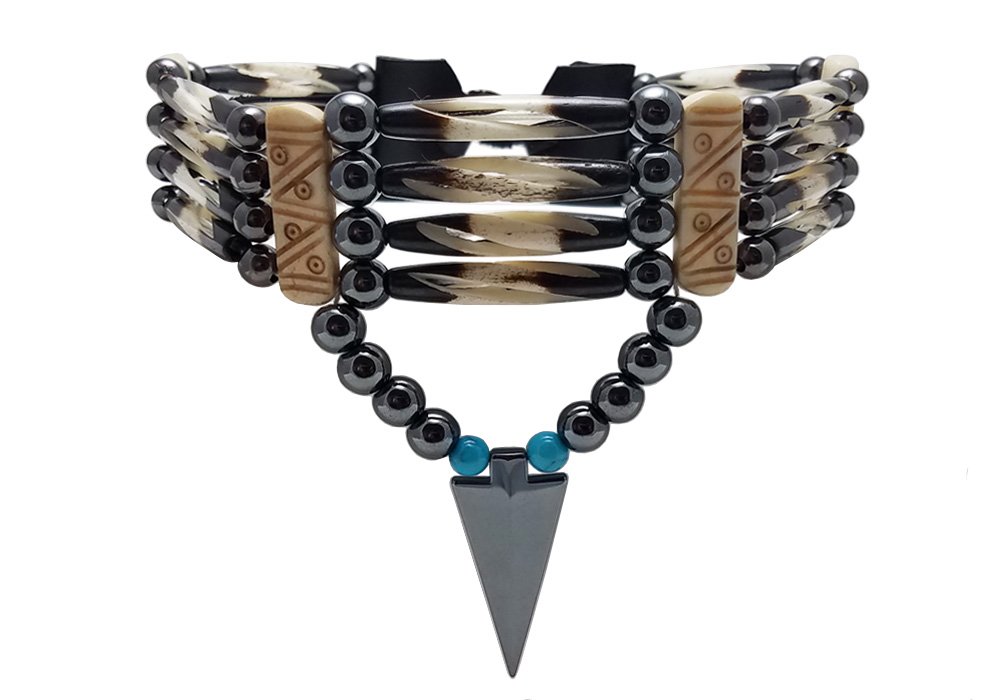 Handmade Traditional 4 Row Buffalo Bone Hairpipe Tribal Choker Necklace with Arrowhead Pendant