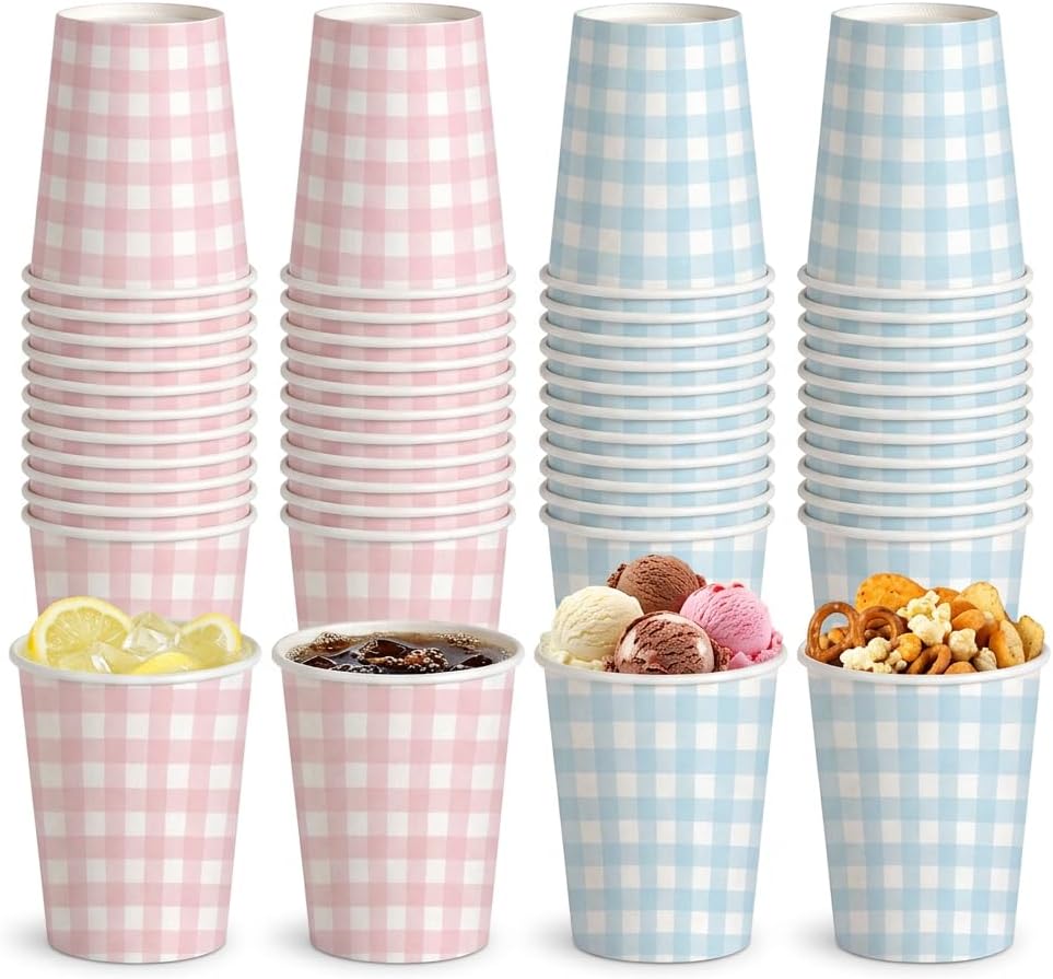 60 Pack 9oz Pink & Blue Gingham Paper Cups, Gender Reveal Disposable Checkered Party Cups, Classic Picnic Birthday Baby Shower Wedding Wedding Supplies