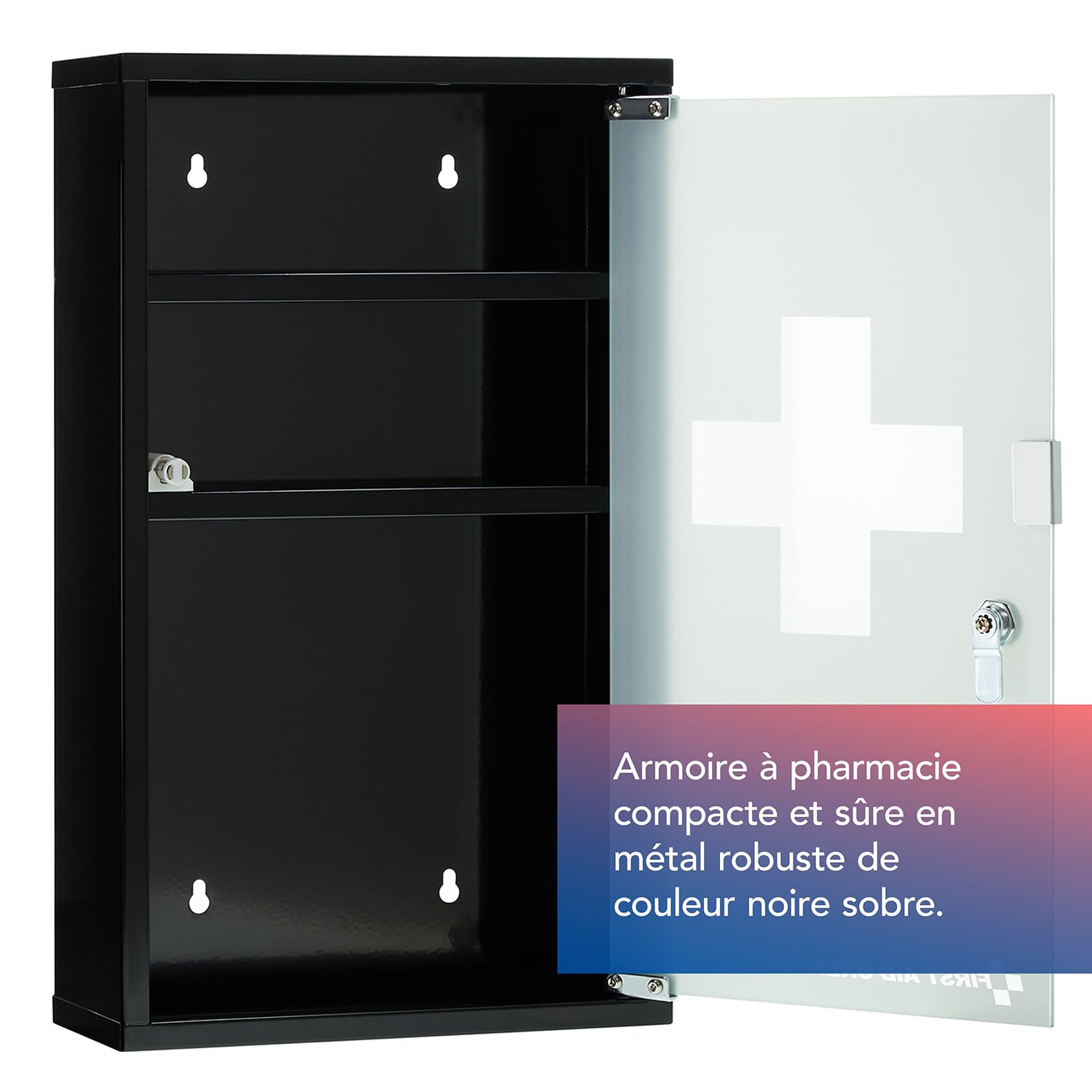 First Aid Only Armoire à Pharmacie Noire à 3 Compartiments & Porte Vitrée | Armoire de Premiers Secours en Métal Verrouillable | Armoire Murale 50 x 30 x 12 cm | P-10202 00