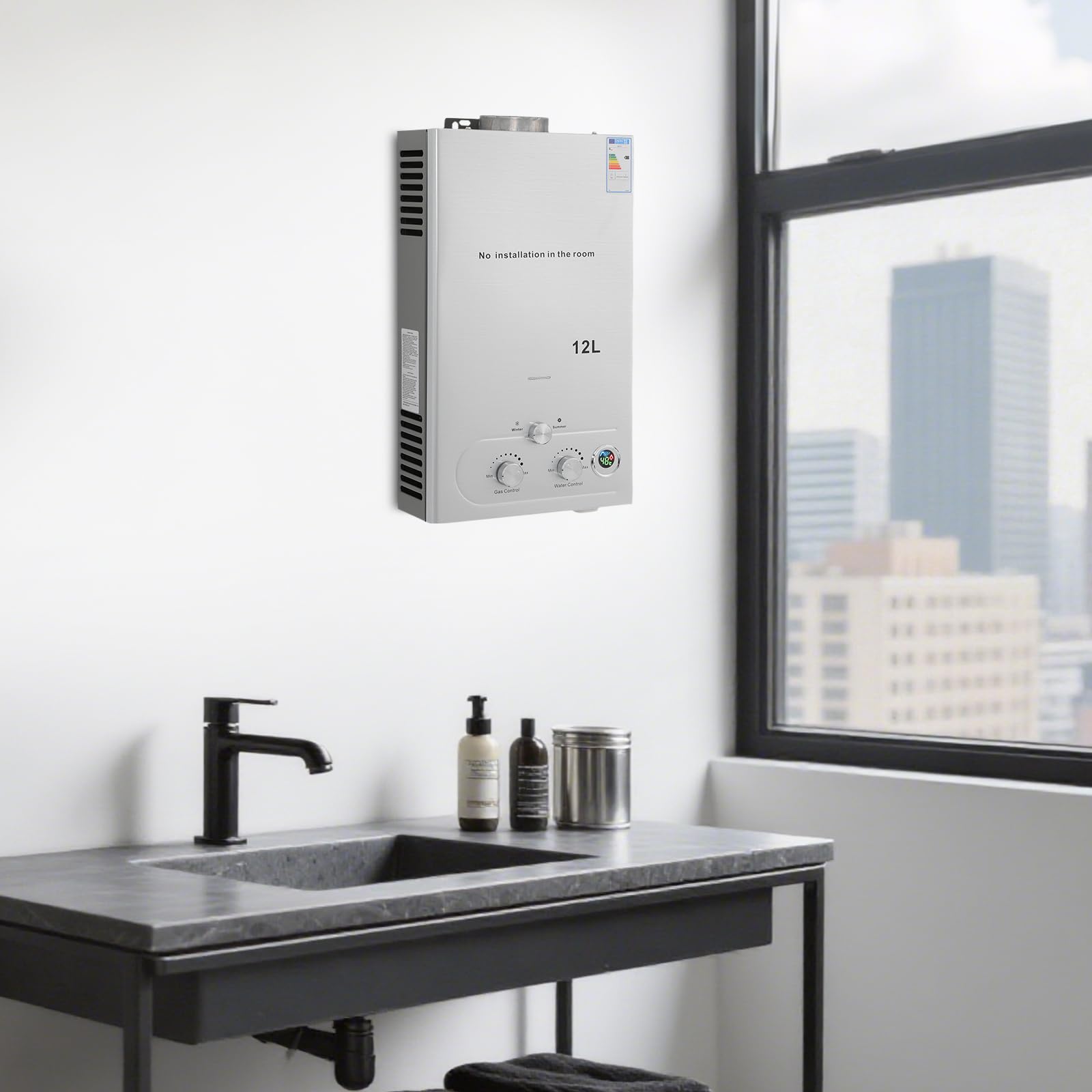 Calentador de agua instantáneo de gas de 12 litros, con pantalla digital para interiores, para gas natural y propano, calentador de agua de alta eficiencia