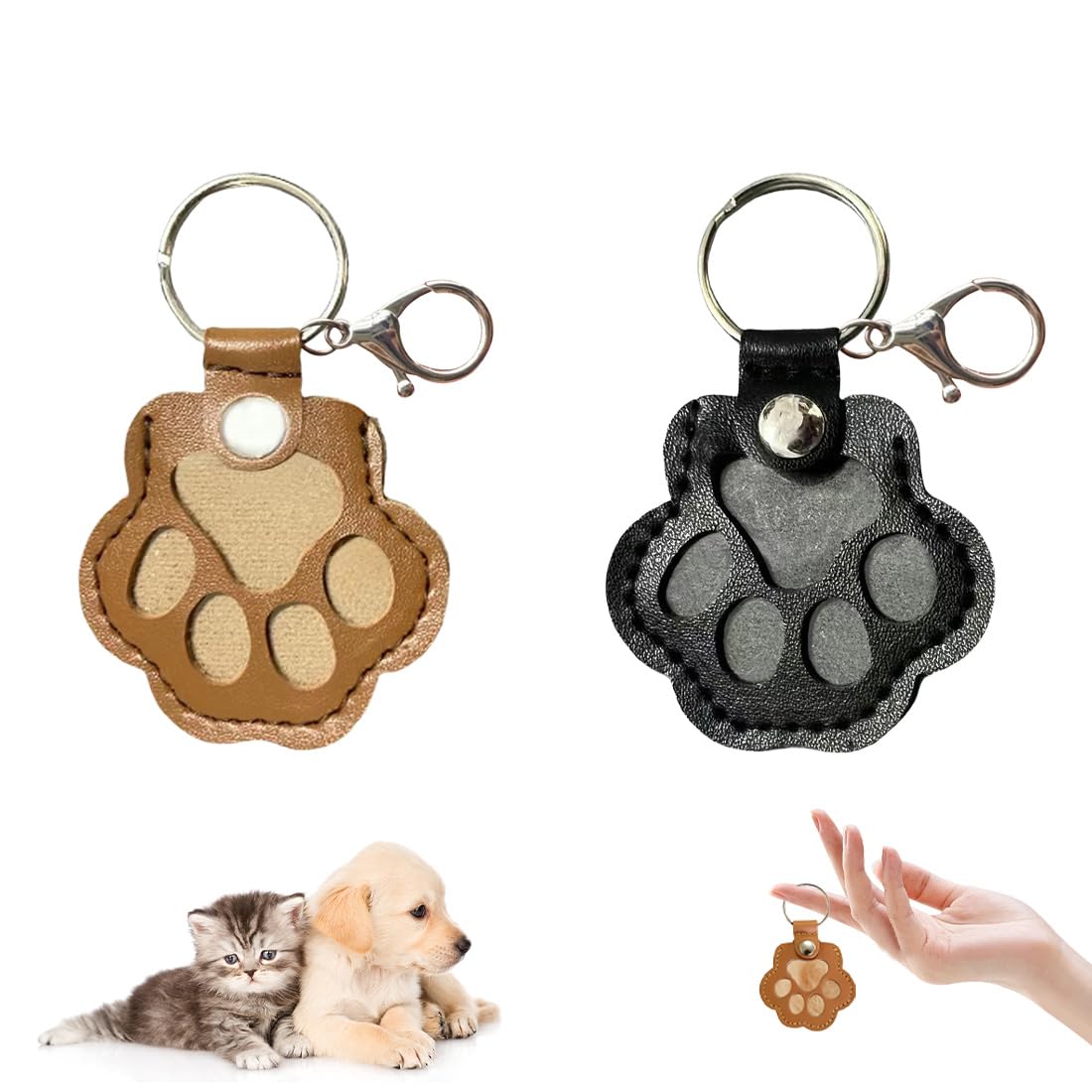 Llavero para Pelo de Animal, Pet Memorial, Recuerdo de Pelo de Mascotas, Llaveros de Cuero, Diseño de Huellas de Patas, Llavero para Recoger Pelo de Gato y Perro (2 Unidades, Marrón, Negro)