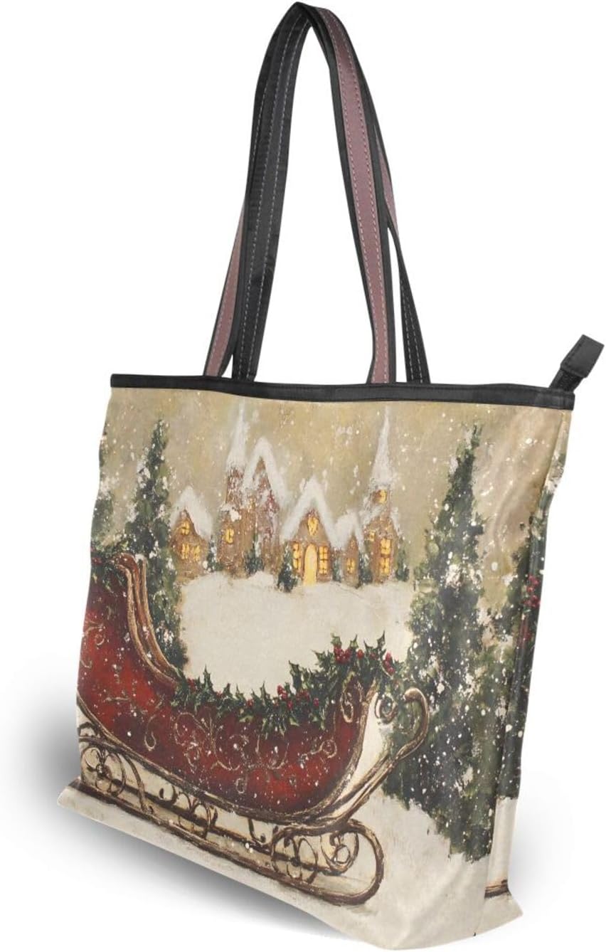 Sleigh Christmas Women Tote Bag Purse Reusable Grocery Handbag Bags with Zipper Large