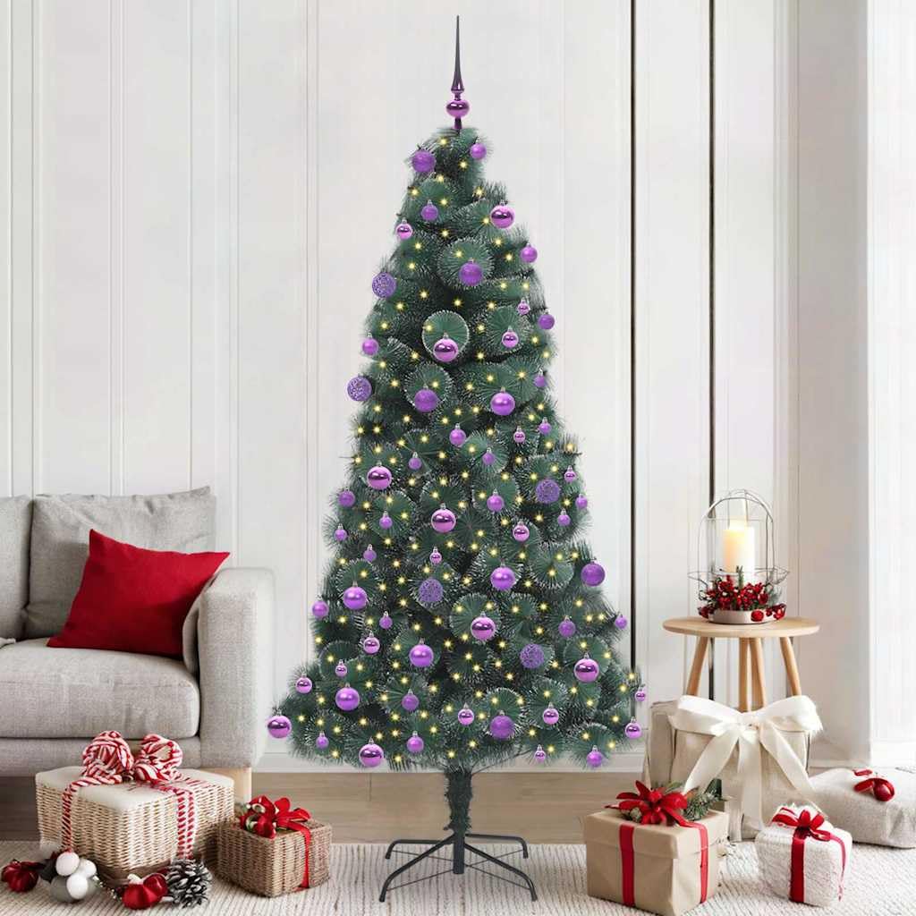 Árbol de Navidad artificial de 210 cm con luces LED preiluminadas, juego de bolas, verde, material PET, 300 puntas, alimentación USB, incluye soporte y punta, para interiores