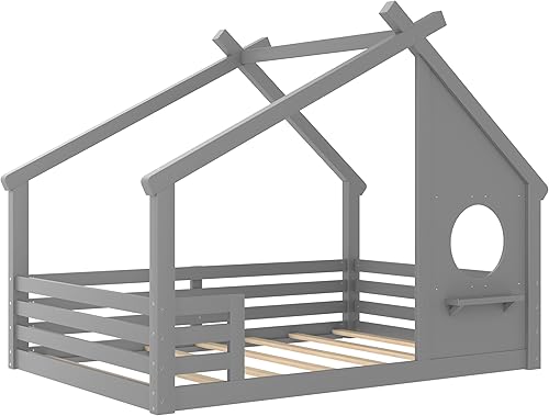 Miniatura 23 de Bellemave Cama individual para niños, cama de madera de pino, camas Montessori para niños, color blanco con estante Blanco,Madera de pino gris,gris