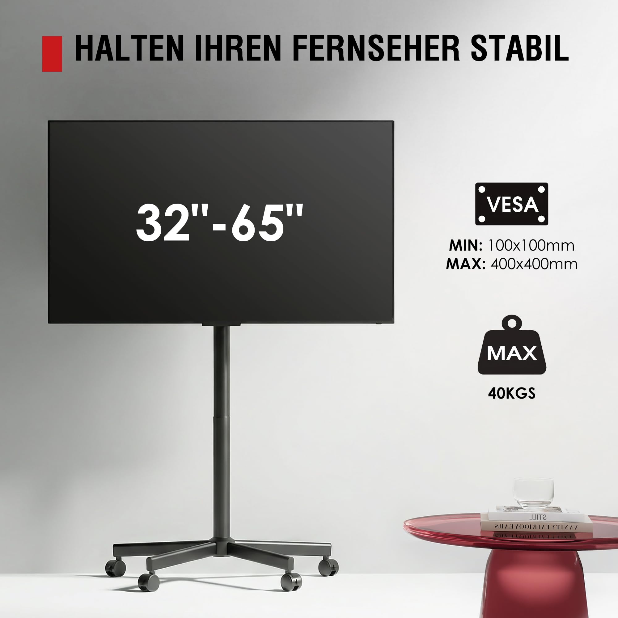 AOKCOS TV Ständer Rollbar für 32-65 Zoll Fernseher, Neigbar & Höhenverstellbar Fernsehständer mit Rollen, Schraubenloses Design TV Standfuss Standfuß Bodenständer Universal Max VESA 400x400mm 40kg