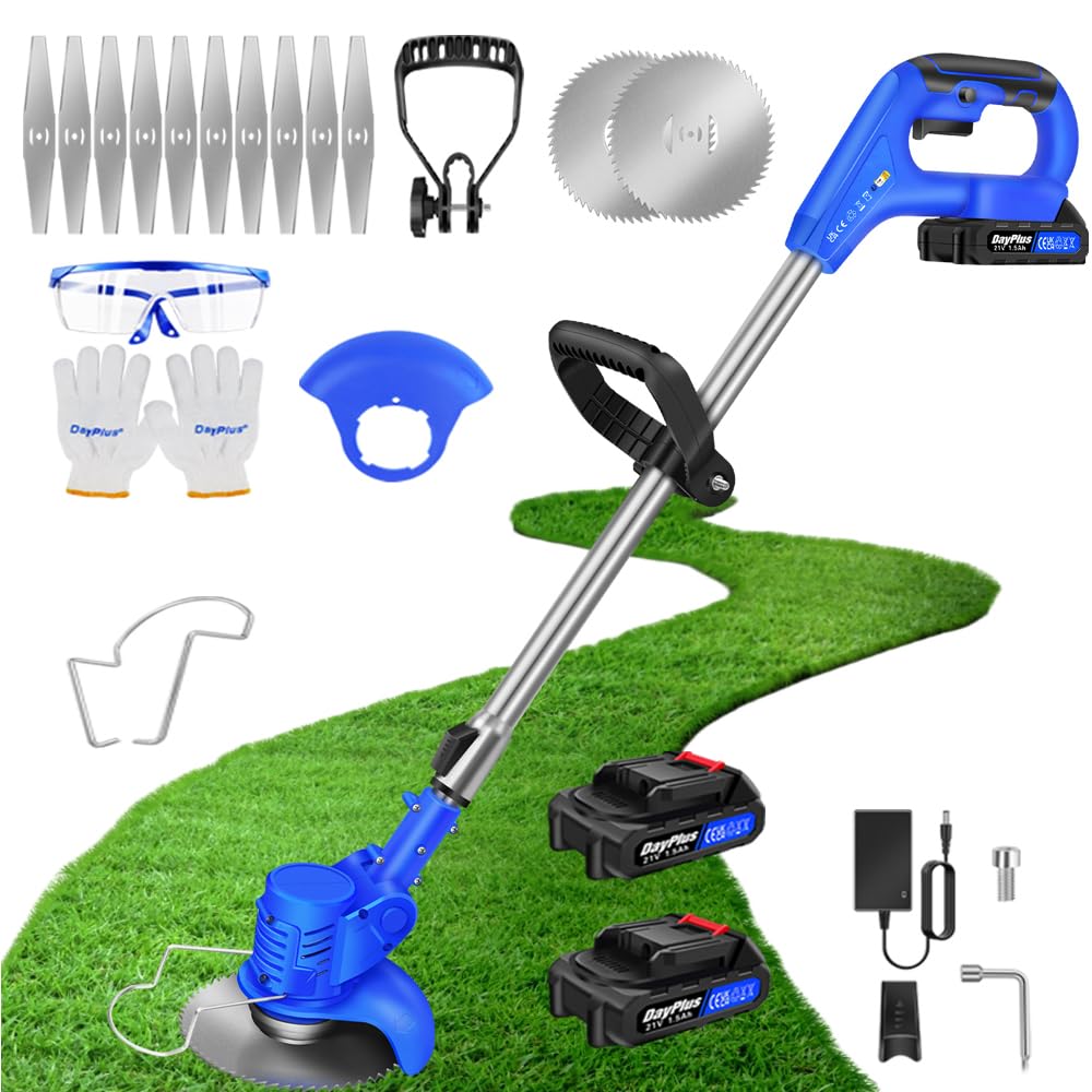 Qimu Desbrozadora eléctrica con batería, 21 V, con batería, desbrozadora de césped con 2 baterías y cuchillo de metal, desbrozadora de bordes de jardín con cuchillas para jardín, patio