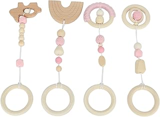 Wooden Hanging Toys, 4pcs Stroller Pendant Toys Baby Play Gym Wooden Hanging Toys for Toddlers Infants for Toddlers Kids Infants, for Birthday Gift (Pink)