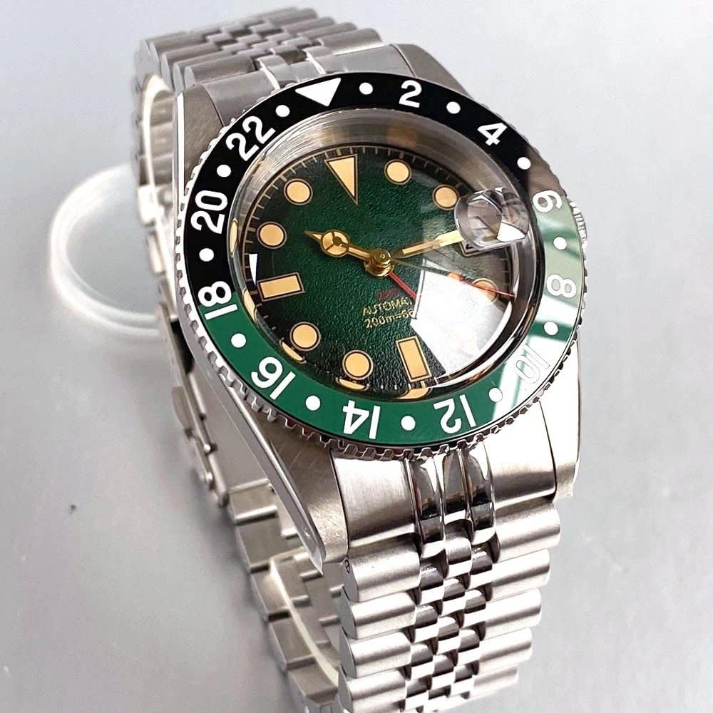 38 mm automatyczne mechaniczne zegarki GMT NH34 ruch wypukły szafirowy kryształ, stal nierdzewna 316L bransoletka jubileuszowa nurkowanie męski zegarek