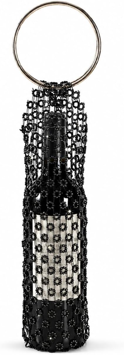 Sparkly Rhinestone Mesh Wine Bottle Bag Round Handle Party Carrier | Handwoven netted carrier with glittery details and a circular grip for housewarming gifts, weddings, and evening events