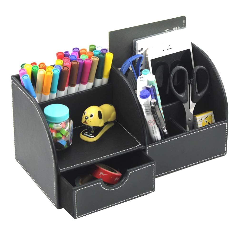 Desk Organizer Multi-Function Pencil Holder Organizer 7 Compartments with Drawer Desktop Storage Box (Black)