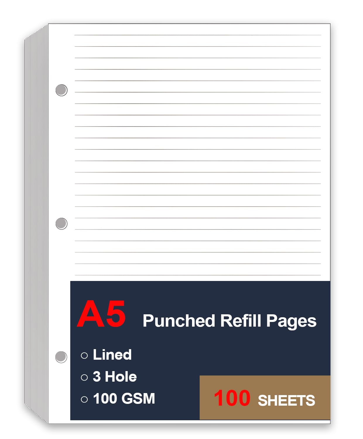 A5 Lined Paper Refill, 3 Hole Refill Paper, A5 Filler Paper, 100 Sheets/200 Pages Loose Leaf Paper for Filofax Planner Refills, Organizer, Binders, 100gsm, 5.8 x 8.2 In