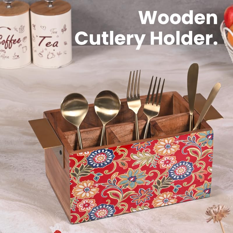 Image of Wooden Cutlery Holder for Kitchen - Handcrafted Floral Design with Sturdy Handles | Utensil & Tissue Organizer for Dining Table & Office - Red (Printed)