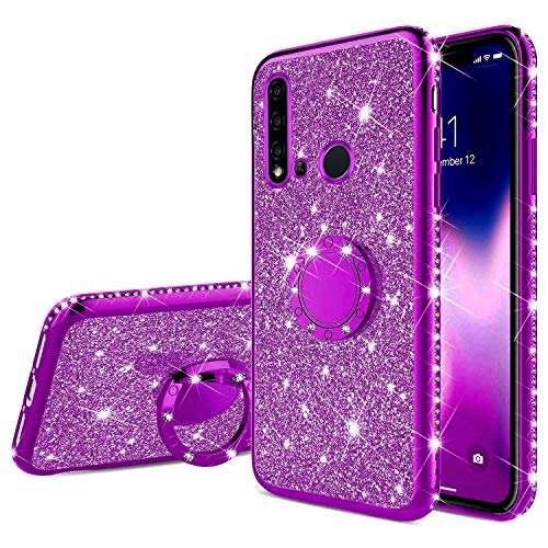 Robinsoni Case Compatible with Huawei P20 Lite 2019 Phone Cover Flexible Huawei Nova 5i Case Sparkle Silicone Case TPU Diamond Edge Bling Case 360 Degree Rotation Ring Cover Ultra Thin Cover,Purple