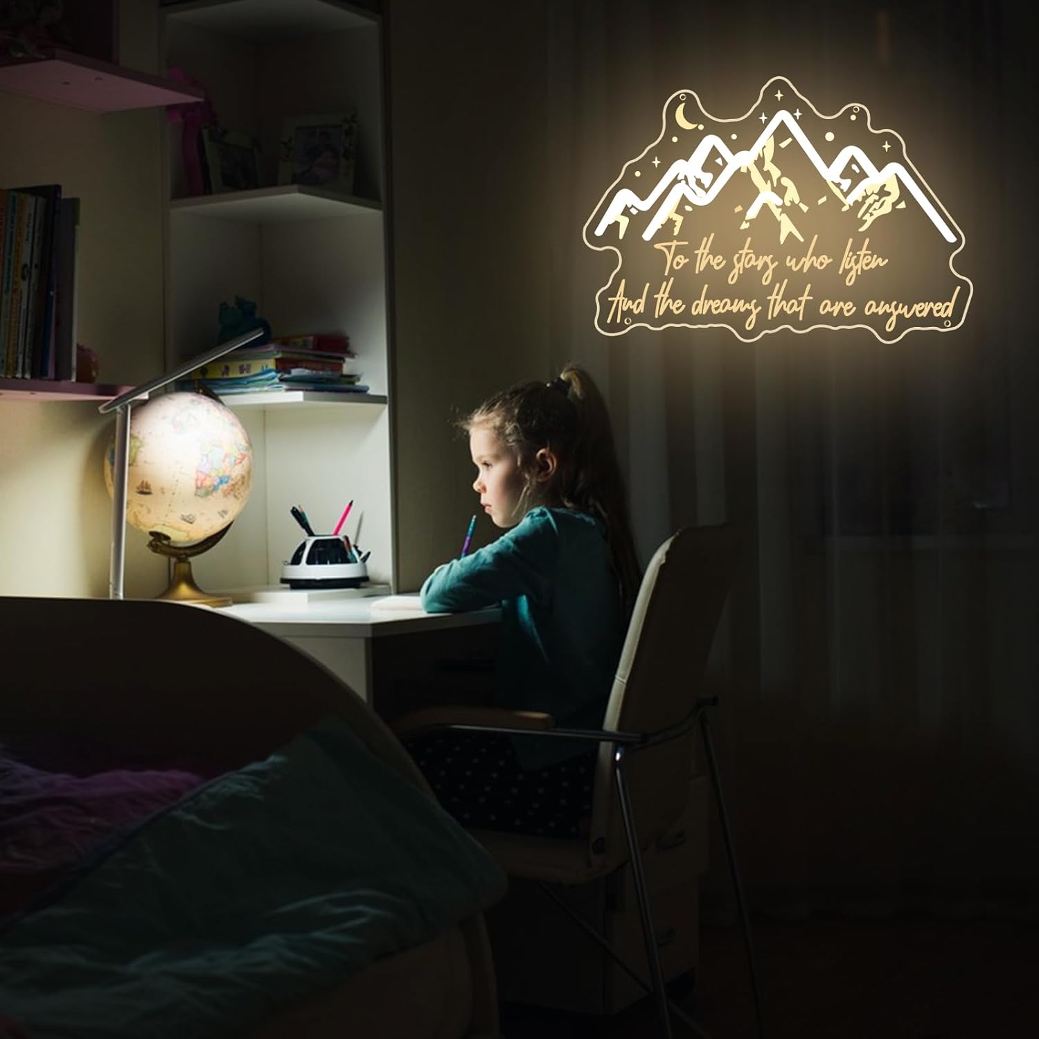 To The Stars Who Listen Neon Sign Mountain and Stars Neon Lights Dimmable SJM Quotes Decoration ACOTAR LED Signs for Fantasy Shelf Decor Book Lover Gift