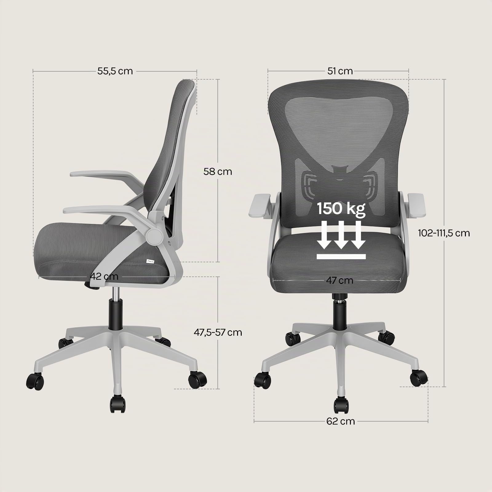 WOLTU Silla de Oficina Ergonómica, Silla de Escritorio, Gris | Soporte Lumbar y Ruedas, Función Oscilante y Giratoria de 360°, Altura y Reposabrazos Ajustable, para Estudio u Oficina