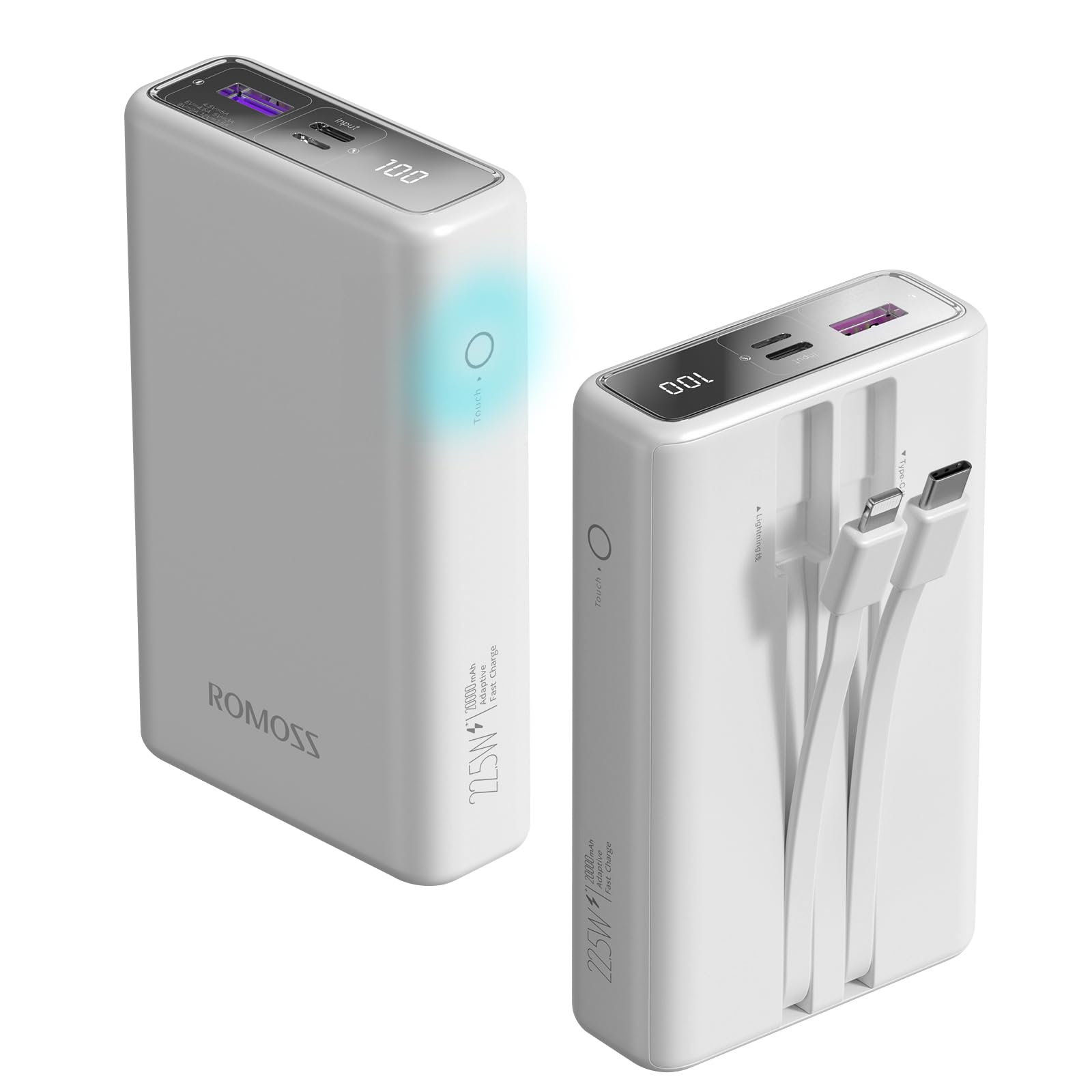 ROMOSS Touch Button PAC20 Caricatore portatile 20000mAh, PD 22.5W Banca di potere di ricarica rapida con cavi integrati, 3 uscite 2 ingressi USB C batteria caricabatterie per iPhone 17/16/15, Galaxy