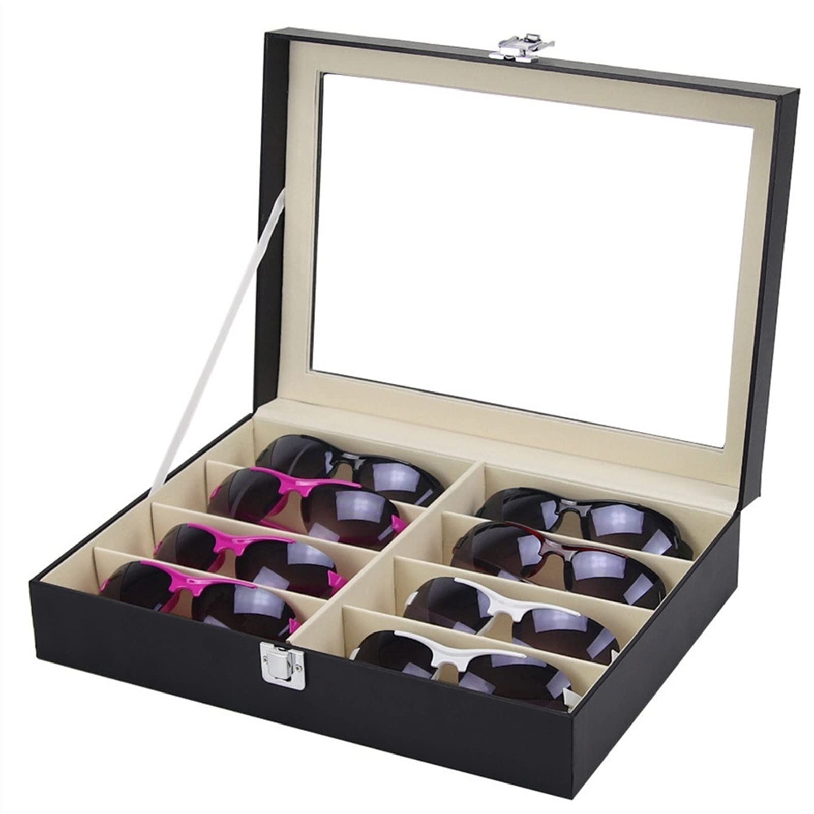 Okulary przeciwsłoneczne okulary przeciwsłoneczne organizer do przechowywania, przezroczysta pokrywa konstrukcja drewniana skóra PU 8 przegródek okulary pudełko na okulary okulary okulary okulary przeciwsłoneczne ekspozycja organizer etui tacka okulary pr