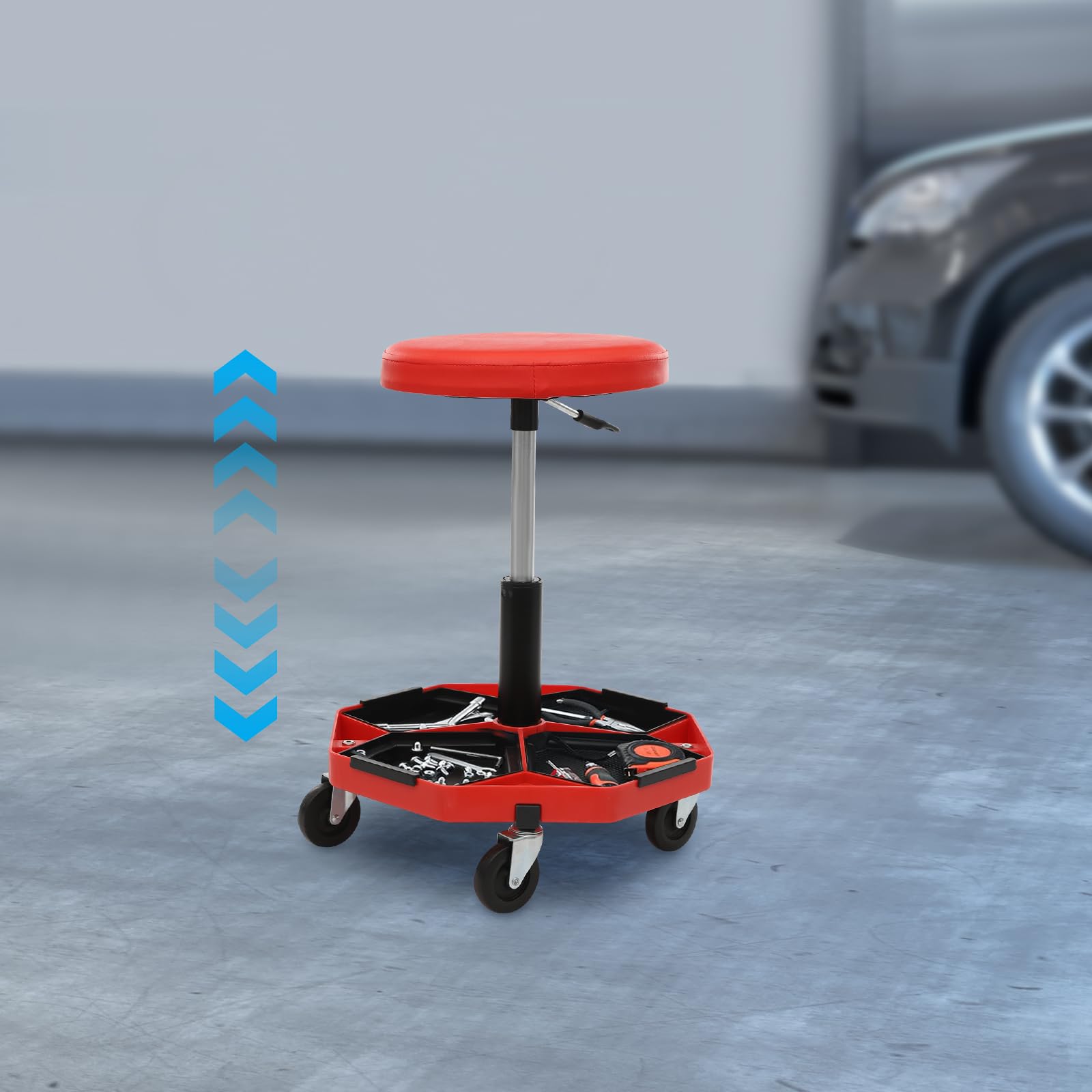 Sgabello da officina, altezza 45 – 58 cm, con ripiano e 4 ruote fino a 150 kg, per lavori meccanici, manutenzione di attrezzature, progetti fai da te