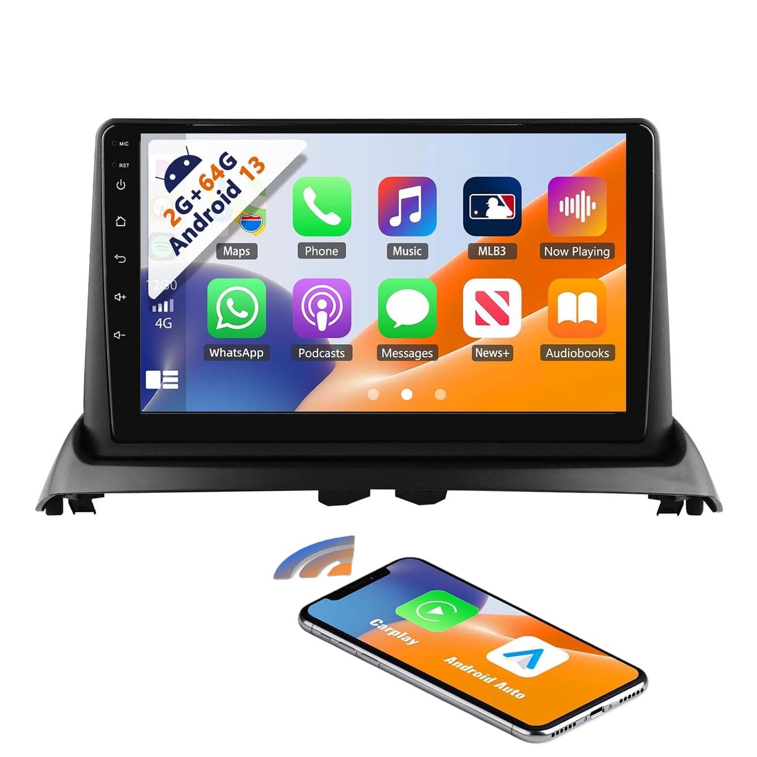 Radio samochodowe Bluetooth z ekranem, 9" ekran dotykowy, radio samochodowe z bezprzewodowym CarPlay Android Auto do Renault Clio II 2 BB CB BB0 SB0 Mk2 II Twigo I C06 S06 furgon 1998-2016, 4G + 64G