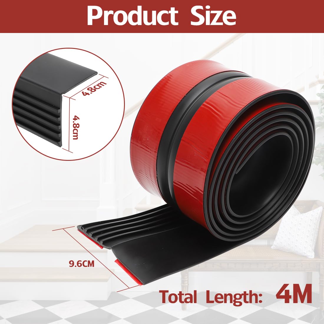 Protector antideslizante para bordes de escaleras, perfil autoadhesivo, antideslizante para exteriores e interiores (negro, 4 m)
