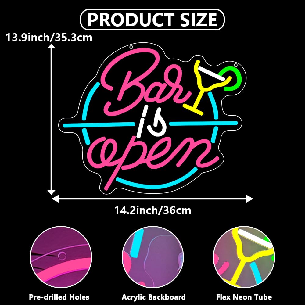 Bar is Open Neon LED Room Decor,Cocktail Insegna Neon per Bar Nightclub Party Garage Man Cave Gaming Room Sala Giochi Camera da Letto,Cocktail Scritte LED Regalo Colorati per Uomini Donne （13"*12.7"）