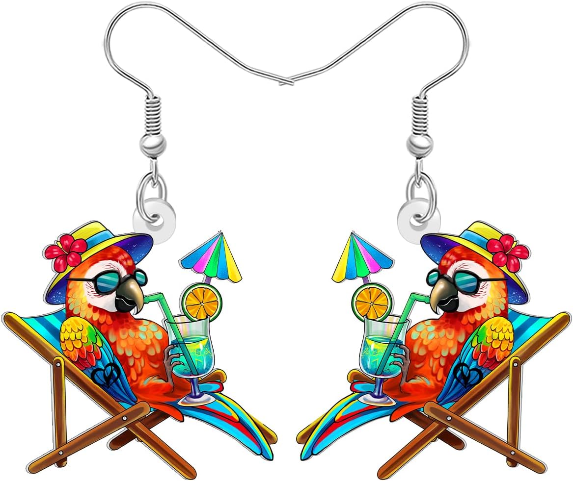 Acrylic Cute Hawaii Tropical Flower with Parrot Dangle Earrings Fun Animals Dangling Spring Summer Jewelry Bird Gifts for Women Bird Lovers Accessories