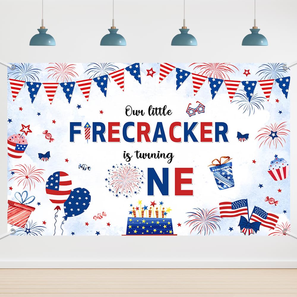 6x3.6ft Our Little Firecracker is Turning One Backdrop 4th of July Birthday Party Background American Independence Day Baby Shower Party Photo Props