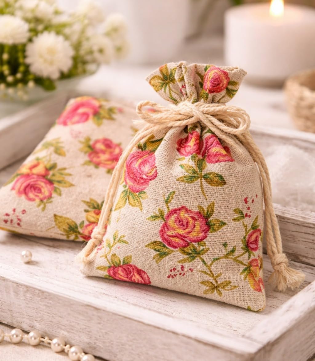 SATYAM KRAFT 100 Pcs Mini Jute Potli Bags Flower Print | Gift Pouch for Gifting, Baby Shower, Wedding,Corporate Gifting, Party Favors, Return Gift, Dry fruits, Jewellery, Sweets, Chocolates (Multi)-image-25
