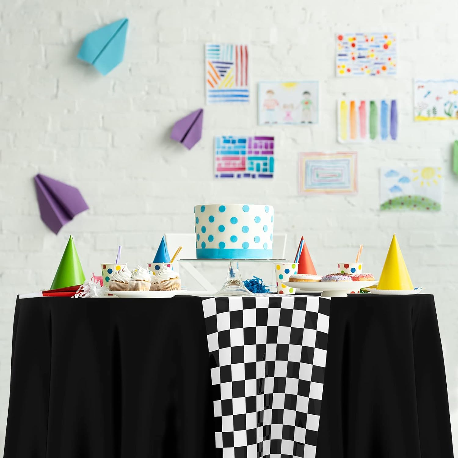 Oudain 6 Pcs Cars Birthday Party Supplies Racing Party Decorations Round Racing Tablecloth Checkered Flag Table Covers Road Plastic Table Cloth, 1950s Disco Dancing Party Tablecloth (Black)