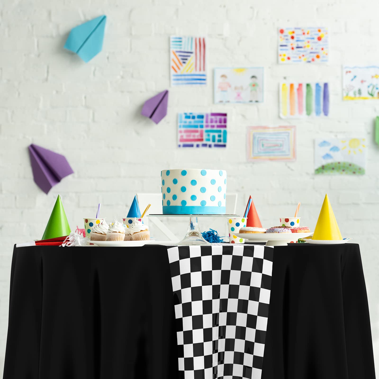 Racing Party Tablecloths (6-Pack) – Blue Checkered Flag Design, 84" Round Disposable Plastic - View #11