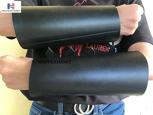 Miniatura 4 de Nautical-Mart - Brazalete de cuero de caballero medieval para guantelete, armadura de Halloween, color negro, Negro -