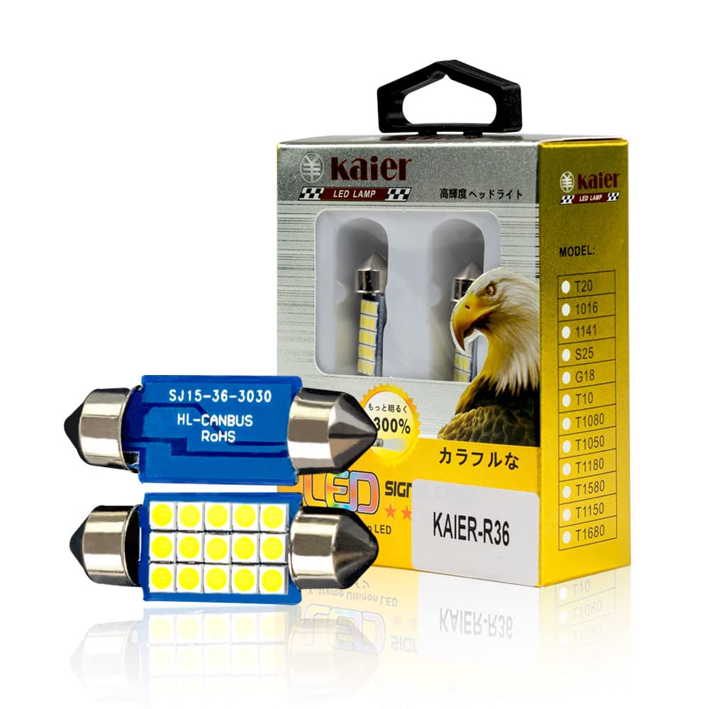 KAIER LED Dome Festoon light Bulbs for car interior lights, 300% Extremely Brighter 6500K Cool White LED High Low Beam Conversion Kit Waterproof (KAIER-R36)