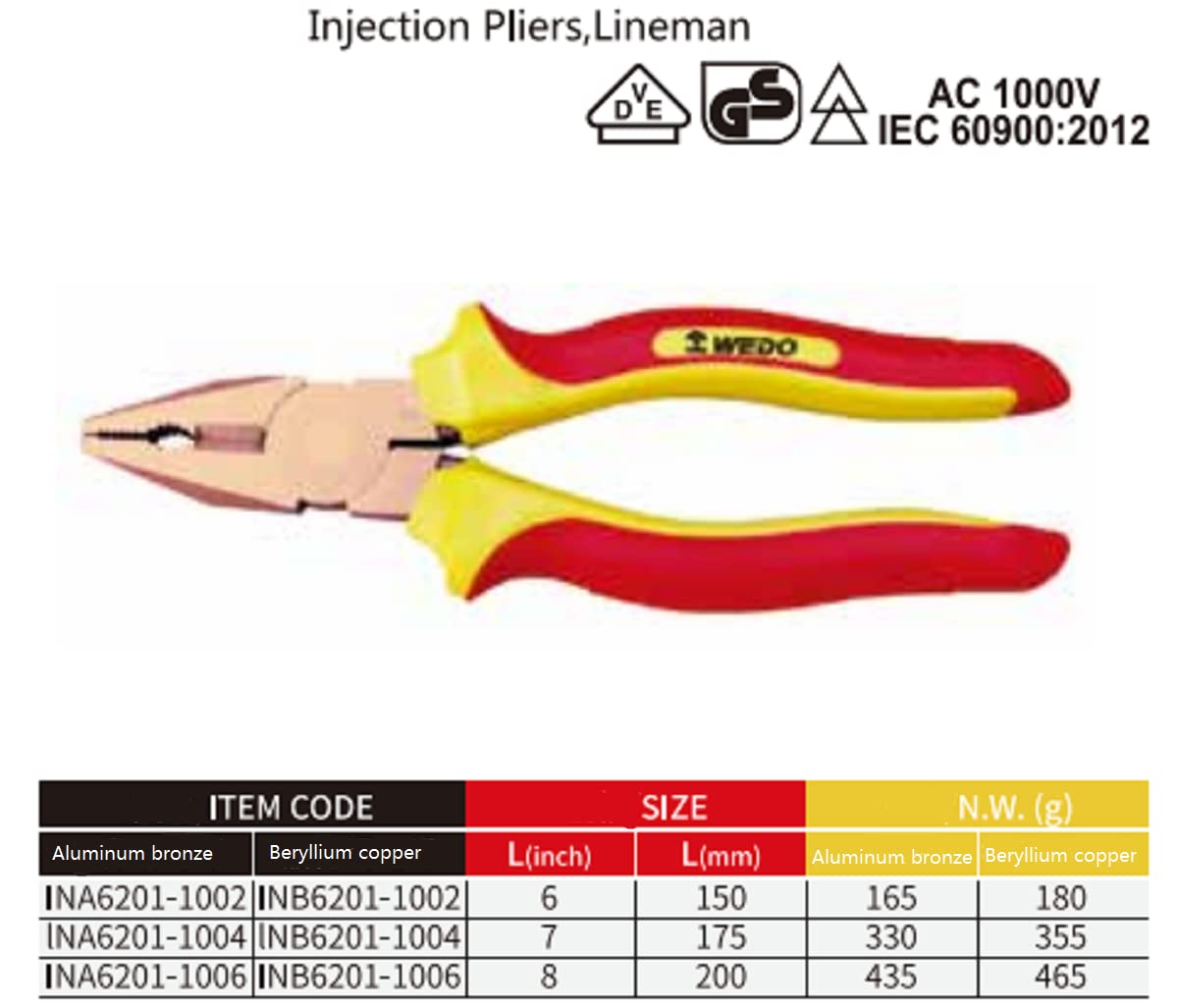 WEDO Lineman Injektionszange, funkenfrei, 20,3 cm, VDE 1000 V, funkenfrei, Sicherheitslineman-Injektionszange, rutschfeste Griffe aus zwei Materialien, Backenhärte HRC20-30