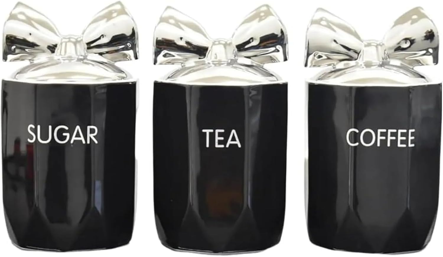 Jayogla Black Marble Effect Ceramic Kitchen Canisters, Set Of 3, Tea Coffee Sugar Storage Jars, Silver Bow Lid (Black)