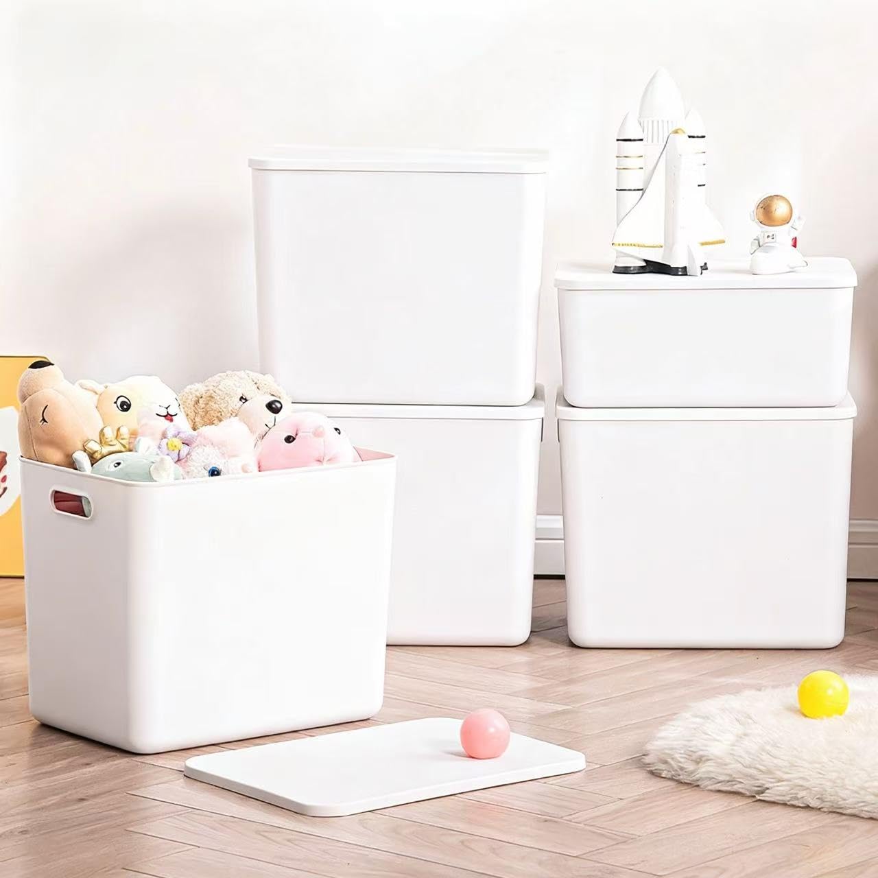 12L+25L 6 Pack große Kunststoff Weiße Aufbewahrungsbehälter Körbe, Toy Box Chest mit Deckel und Griff,Organizer Container für Kids,Nursery,Shelves,Playroom, Bedroom,Office,Closet,home(4XL+2L)