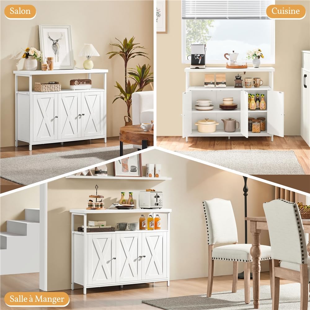 Yaheetech Buffet, Meuble de Rangement Cuisine, avec Placard 3 Portes, Étagère Réglable en Hauteur, 100 × 35 × 81cm, pour Salle à Manger, Salon, Moderne, Blanc