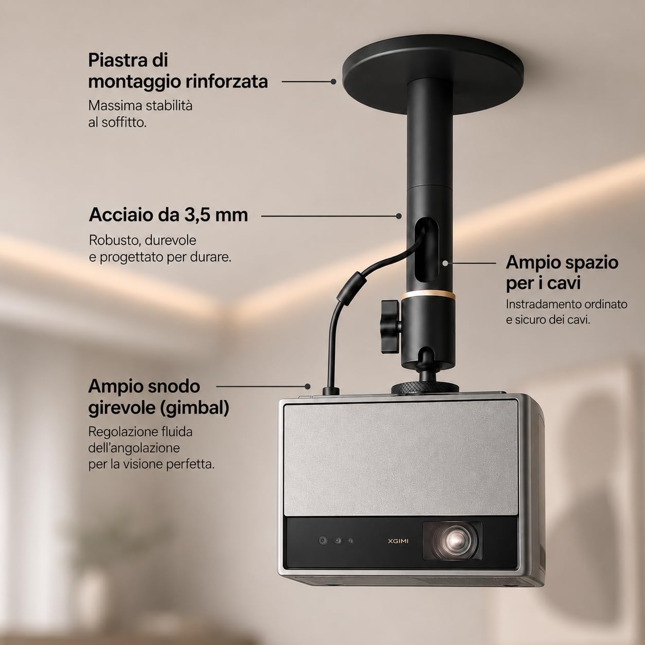 Staffa a Soffitto e Parete per Proiettore – Supporto Universale, Portata 10 kg, Regolabile 15-45 cm, Filettatura 1/4", Alluminio Al6063, Rotazione 360°, Cavo Nascosto