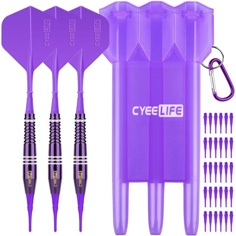 CyeeLife Soft Tip Brass Darts with Carry case and 30 Extra Points,Professional Plastic Darts Set 18g Purple-2