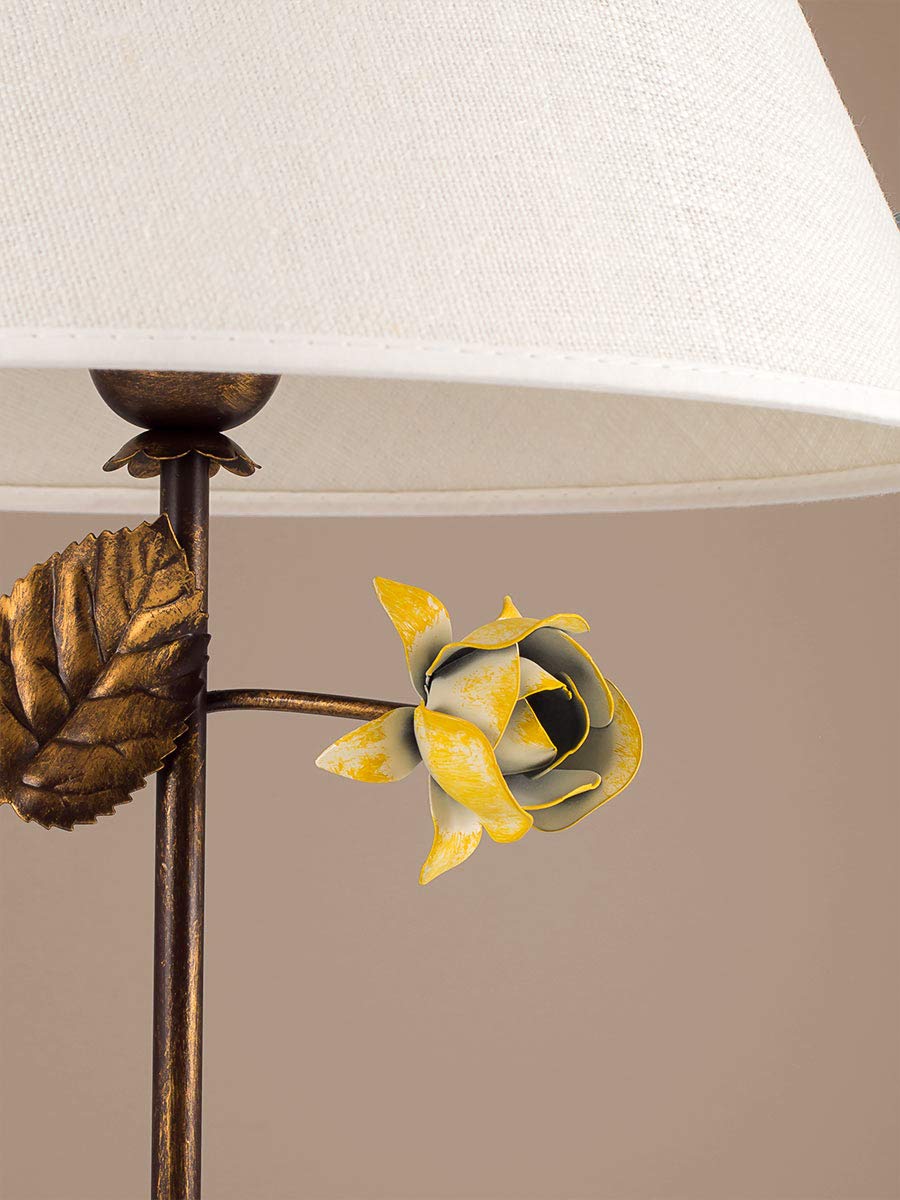 LED Tischleuchte Florentiner braun Stoffschirm Leinen Landhausstil Blumen | Helios Leuchten 4037510/1 Tischlampe antik-braun Stoffschirm handgefertigt Landhausstil Nachttisch Schreibtisch Wohnzimmer