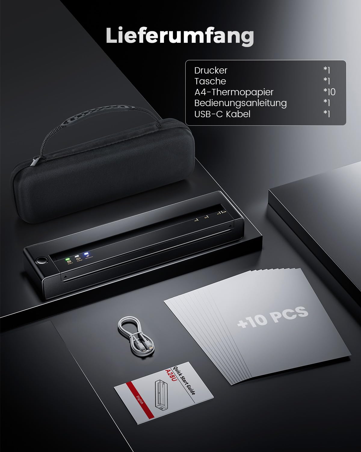 TATTMUSE Thermodrucker A4 Kit Unterstützt das Format A4/A5/B5, Bluetooth Mobiler Drucker, Lernen, Tragbarer Drucker Kompatibel mit Phone, Monochromer Reisedrucker Nur
