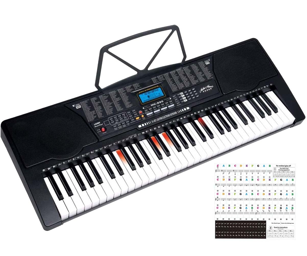 61-Key Electronic Keyboard Piano with Light-Up Keys, LCD Screen, 255 Timbres & Rhythms, 50 Demo Songs, Microphone Input, Multi-Device Support with Free Piano Key Note Guide Stickers (MK-825, Black)