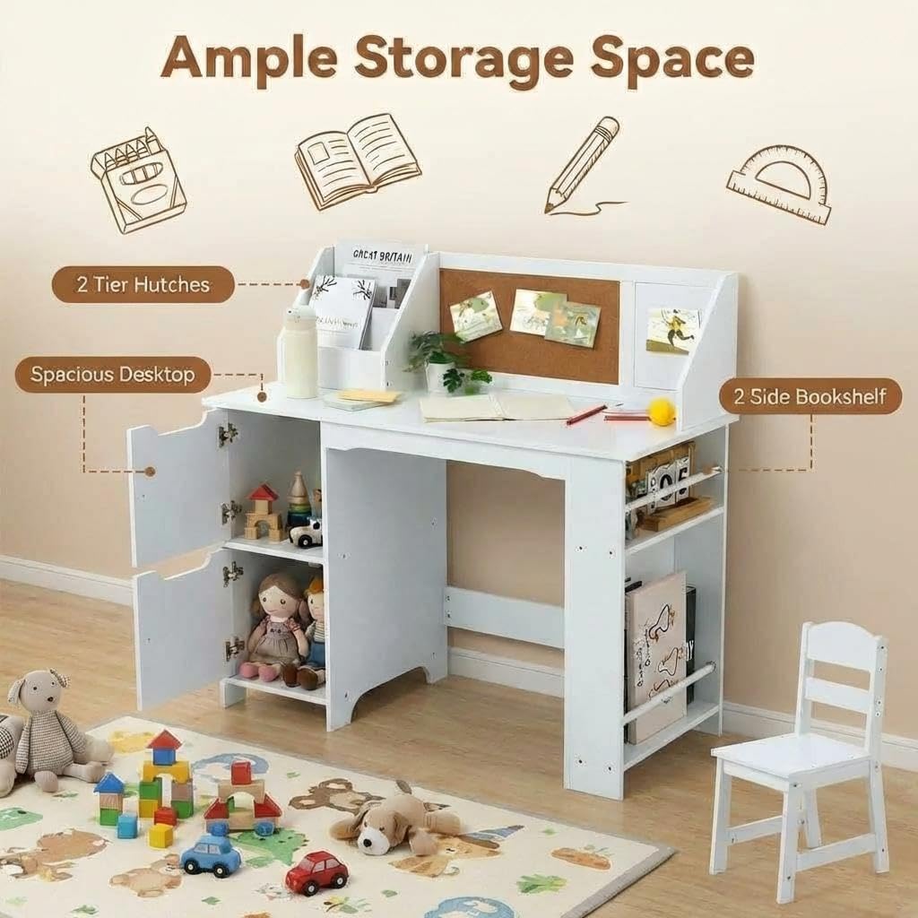 GarveeHome Kids Study Desk and Chair Set, Wooden School Learning Table with Storage, Hutch and Bulletin Board, Children Computer Desk with Chair, Small Toddler Desk for Home, School, White
