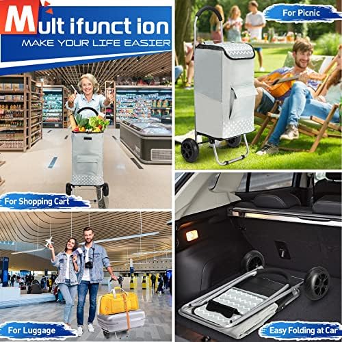 WONSEFOO Shopping Trolley, 2 in 1 Lightweight Folding Shopping Cart with Waterproof Grey Large Capacity Shopping Bag, Hard Wearing & Easy Storage, Adjustable Bungee Cord - 2 Noiseless Wheels