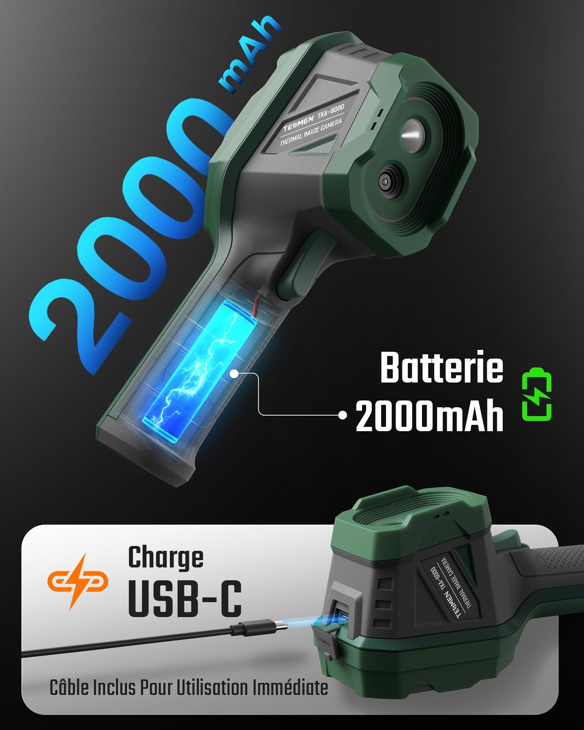 TESMEN TKA-6000 Caméra Thermique, TISR 240 x 240, -20℃~550℃, Caméra Thermique Infrarouge portative 25 Hz, Ultra-Sensible 40 MK, Suivi en Direct pour Entretien Maison, Inspection Fuites et CVC