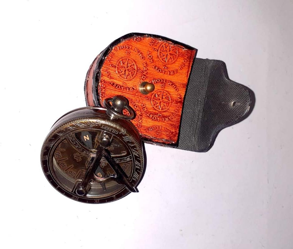 Nautical Brass Brown Antique Sundial Compass with Beautiful Handmade with Leather Case Replica Gift -Sundial with Case - Camping Compass,