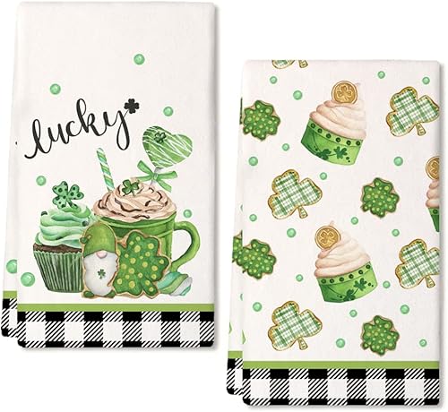 ARKENY Juego de 2 toallas de cocina con diseño de gnomo y trébol para el día de San Patricio decoración para el hogar paño de secado de barra ultra